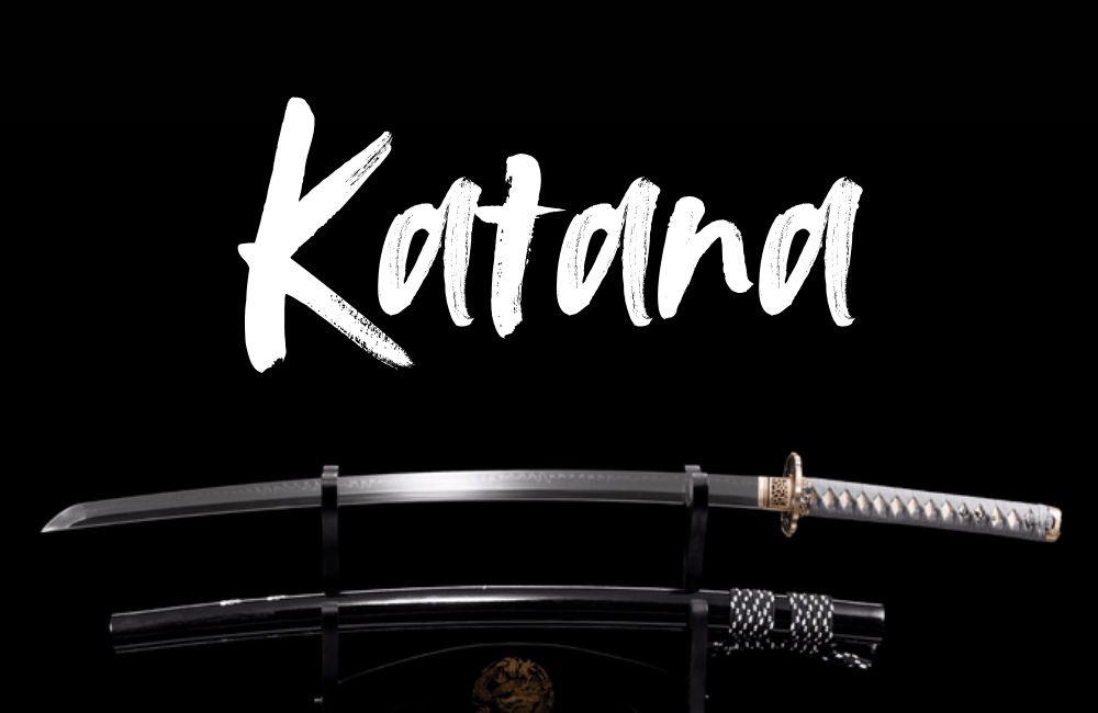 This image serves as button for a product: katana. This image shows a black katana with katana scabbard, part of Tamahagane Japanese blades.